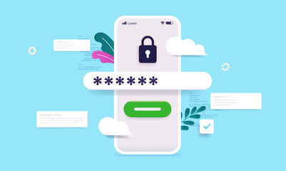 Insert password vector illustration of smartphone with locked screen and field to insert passwords - obrazy, fototapety, plakaty