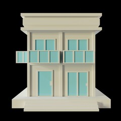 White House, modern style, 2-floor model. Architecture Made from paper, low poly front 3d rendering. Blue windows and doors.