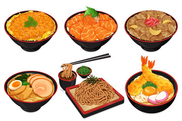 Japanese food recipes with rice and noodles illustration vector.  (Katsudon, Salmon Ikura Don, Gyudon, Ramen, Soba and Tempura Udon)