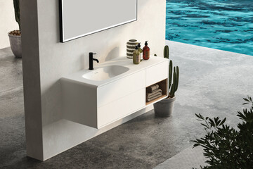 Top view of modern bathroom cabinet with white wall, concrete floor and comfortable basin with black faucet, square mirror hanging on wall, plants, white bathtub, pool. 3d rendering

