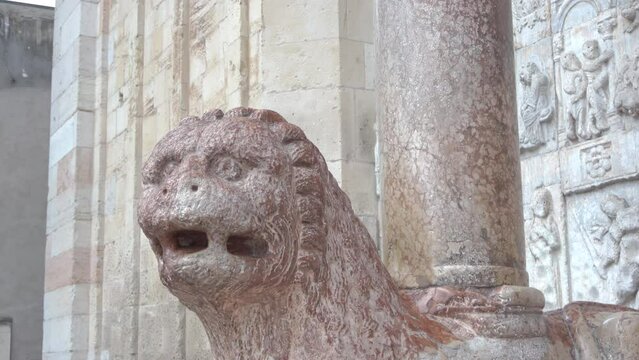 Details of the stone lion in front of the church of San Zeno, Verona, Italy