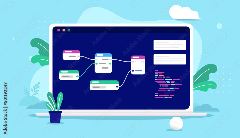 Fototapete Visual scripting - Laptop computer with node based coding editor on screen. Vector illustration with blue background