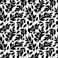 Abstract leaves seamless vector pattern. Hand drawn plant black silhouettes. Abstract botanical background with decorative leaves. Vector grunge graphic design. Nature ornament 