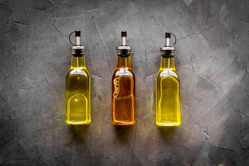 Bottles of different types cooking oil. Sunflower olive and sesame oil