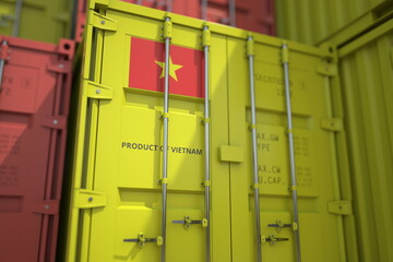Many cargo container with products of Vietnam and printed national flag. Export or import related 3D rendering