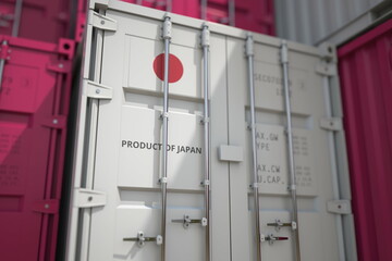 Many cargo container with products of Japan and printed national flag. Export or import related 3D rendering