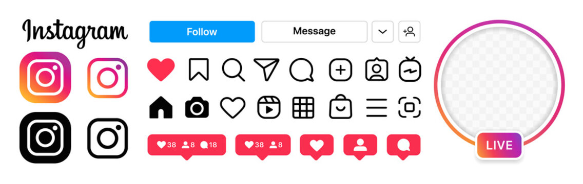 Instagram icons set UI on Apple iPhone vector set. Isolated buttons, symbols, elements on white background. Social media interface icon app. Like, comment, follow, live, IGTV, shop, notification.