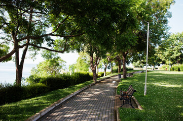 Green park with benches at Nesebar town.