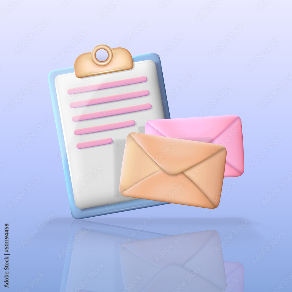 Poster cartoon 3d rendering illustration of clipboard with white paper sheet and two envelopes. task manage