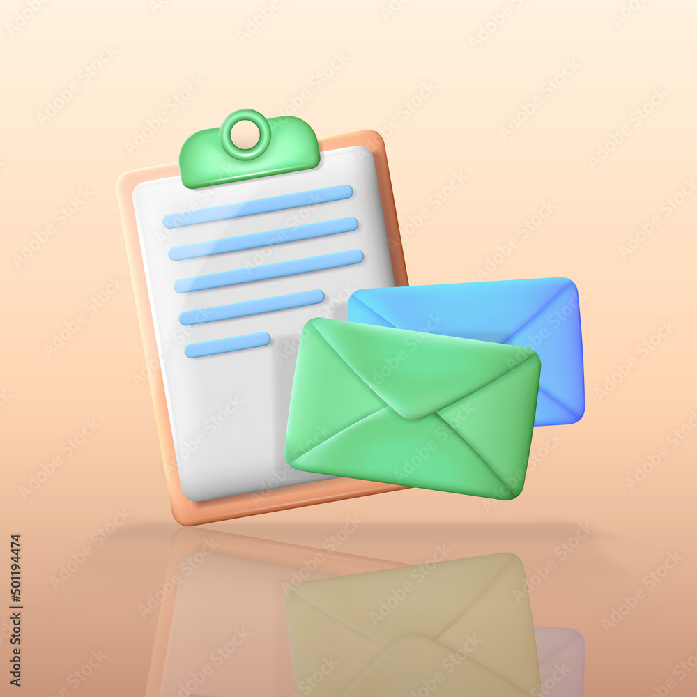 Poster three dimensional cartoon clipboard with paper sheet and envelopes. 3d vector illustration of docume