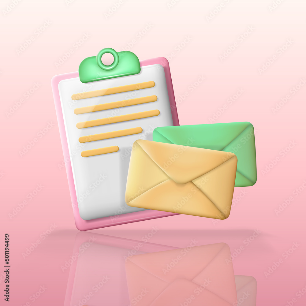 Poster cartoon plastic clipboard with paper sheet and two colorful envelopes. three dimensional vector illu