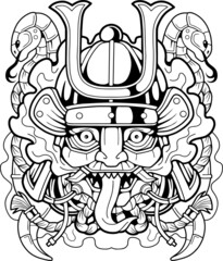 medieval japanese samurai demon, outline illustration, design