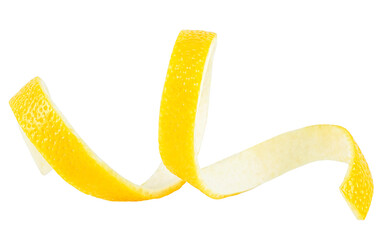 Fresh lemon twist isolated on a white background, healthy food. Spiral lemon peel or lemon zest.