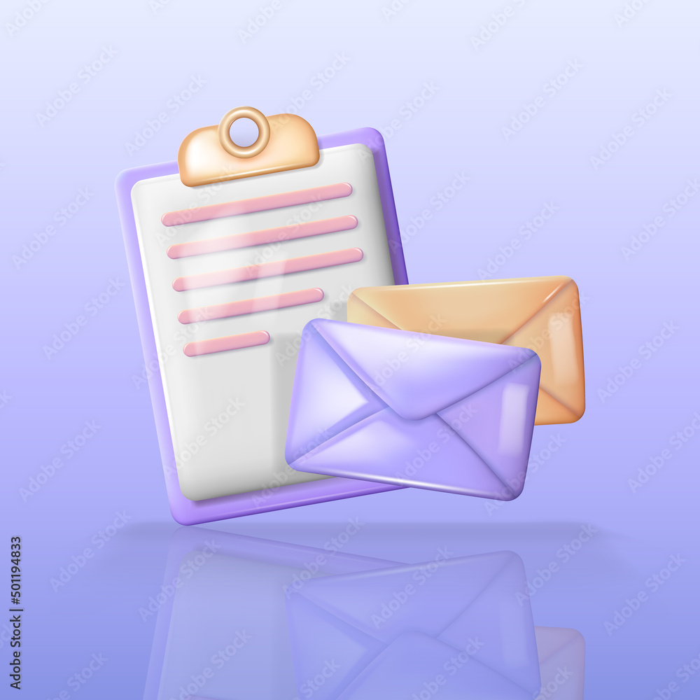 Poster glossy cartoon 3d clipboard with paper sheet and two shiny envelopes in purple and orange colors. ca