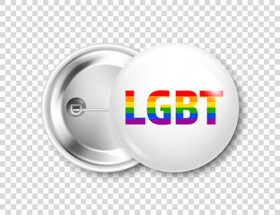 Realistic white badge with LGBTQ rainbow flag. Lesbian, gay, bisexual, transgender love symbol, pride month. 3D glossy round button. Pin badge mockup. Vector illustration