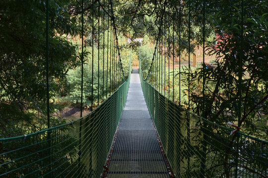 Longitudinal view of a suspension bridge surrounded by forest or jungle vegetation. The bridge crosses the Tambre river in Galicia, Spain.