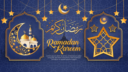Ramadan kareem and Eid mubarak background with stars, makka, quran and arabic calligraphy