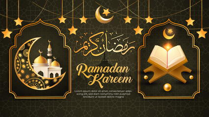 Ramadan kareem and Eid mubarak background with stars, makka, quran and arabic calligraphy