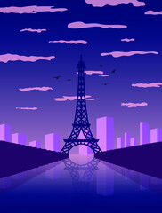 Eiffel tower evening night flat cityscape scenery illustration