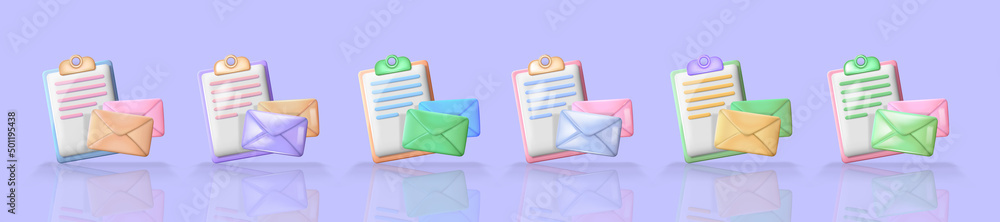 Poster big collection of six 3d glossy and matte objects with clipboards, papers and colorful envelopes. th