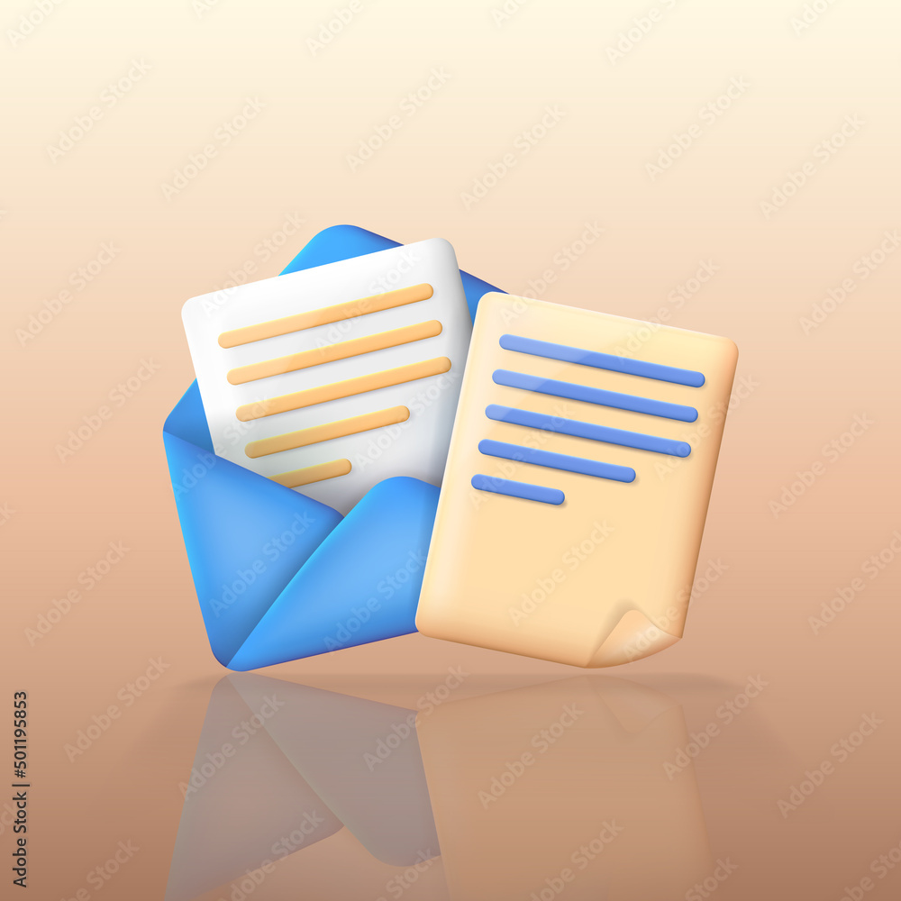 Poster cartoon three dimensional yellow note and blue envelope with white paper sheet inside. cartoon vecto