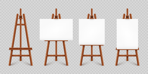 Realistic paint desk with blank white canvas. Wooden easel and a sheet of drawing paper. Presentation board on a tripod. Artwork mockup, template. Vector illustration - obrazy, fototapety, plakaty