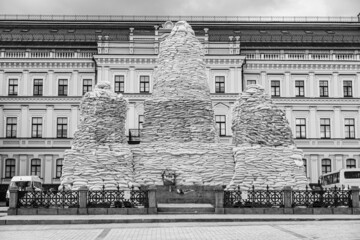 Kyiv, Ukraine - monuments and architecture of the capital of Ukraine at the war time was covered to prevent destruction from bombardment