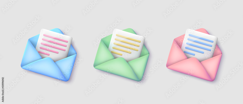 Poster set of colorful 3d rendering envelopes with paper inside. cartoon vector illustration with letters a