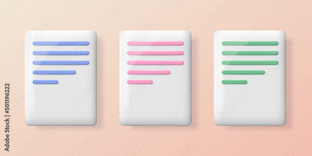 Poster set of three cartoon 3d rendering white papers. vector illustration with white sheets. 3d document i