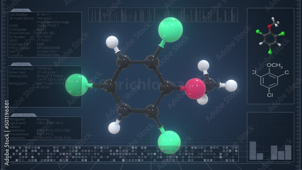 Aufkleber 2,4,6-trichloroanisole molecule with description on the computer screen, loopable 3d animation