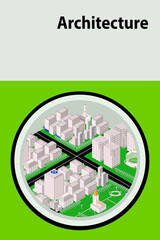 Obraz premium architecture book cover art design with isometric city in a circle, vector illustration