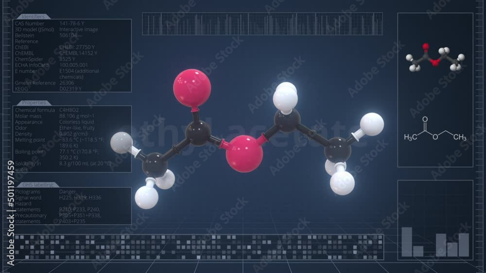 Poster molecule of ethyl acetate with infographics on the computer monitor, loopable 3d animation