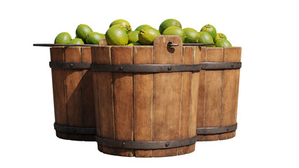 limes, wooden buckets filled with juicy citrus fruits isolated on white background