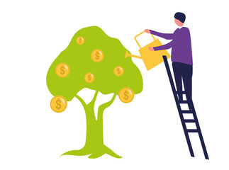 Fototapeta premium Saving. Flat modern illustration. A man waters a money tree on which gold coins grow. The concept of investing, growth, increasing the budget, multiplying profits, a profitable investment. Finance, bu