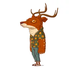 Foto op Plexiglas A muscle deer, isolated vector illustration. A bouncer guy. A humanized hipster deer. A jock. Calm casually dressed anthropomorphic deer with massive arms. An animal character with a human body. © Kyyybic
