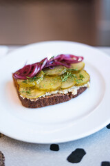 Sandwitch with pickled onion and cucumber served on a plate
