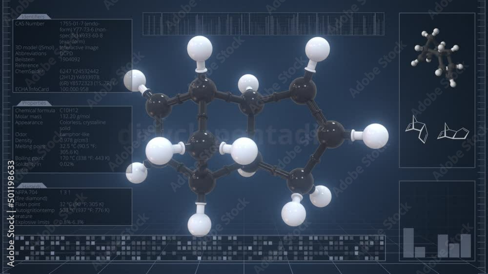 Poster molecule of dicyclopentadiene with infographics on the computer monitor, loopable 3d animation