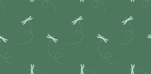 Dragonflies seamless pattern on green backgroung