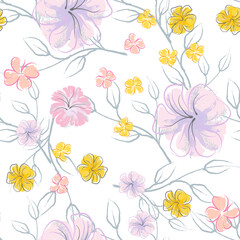 Pink Flowers Blooming Pattern. Pastel Watercolor.