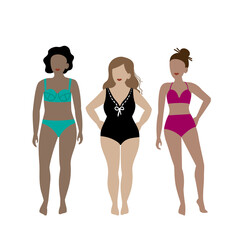 Three women in swimwear. Various styles and shapes, body positivity.