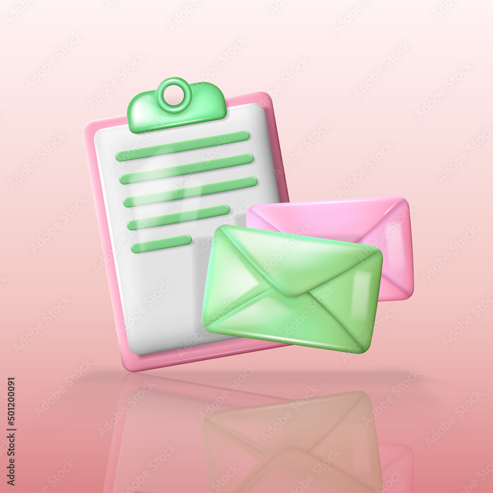 Poster glossy plastic clipboard with paper sheet and two colorful envelopes in 3d style. cartoon vector ill