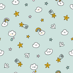 Clouds, rainbows and stars on mint, nursery vector pattern