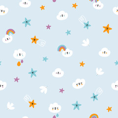 Clouds, rainbows and stars on blue, nursery vector pattern