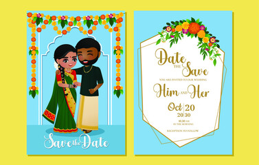 Wedding invitation card the bride and groom cute couple in traditional indian dress cartoon character. Vector illustration