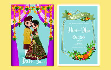  Wedding invitation card the bride and groom cute couple in traditional indian dress cartoon character. Vector illustration