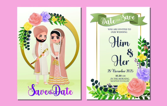  Wedding invitation card the bride and groom cute couple in traditional indian dress cartoon character. Vector illustration