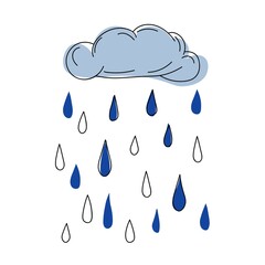 blue cloud with raindrops line art, cloud with blue rain for children's design