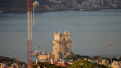 tower of Belém viewed from sky - obrazy, fototapety, plakaty