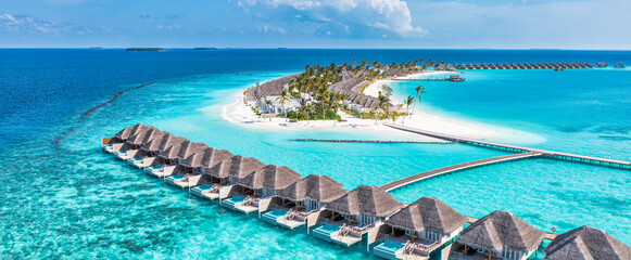 Beautiful Maldives paradise. Tropical aerial travel landscape, seascape with wooden bridge, water...