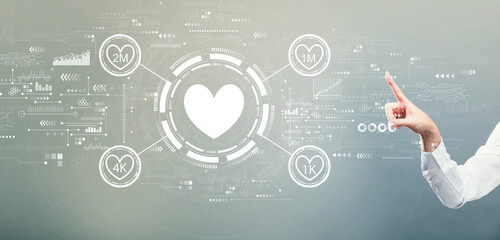 Get more likes concept with hand pressing a button on a gray background